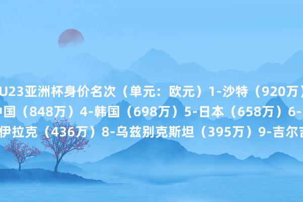 U23亚洲杯身价名次（单元：欧元）1-沙特（920万）2-伊朗（913万）3-中国（848万）4-韩国（698万）5-日本（658万）6-澳大利亚（560万）7-伊拉克（436万）8-乌兹别克斯坦（395万）9-吉尔吉斯斯坦（378万）10-黎巴嫩（314万）11-越南（313万）12-阿联酋（303万）13-卡塔尔（283万）14-约旦（248万）15-泰国（145万）16-叙利亚（90万）    体育录像/图片